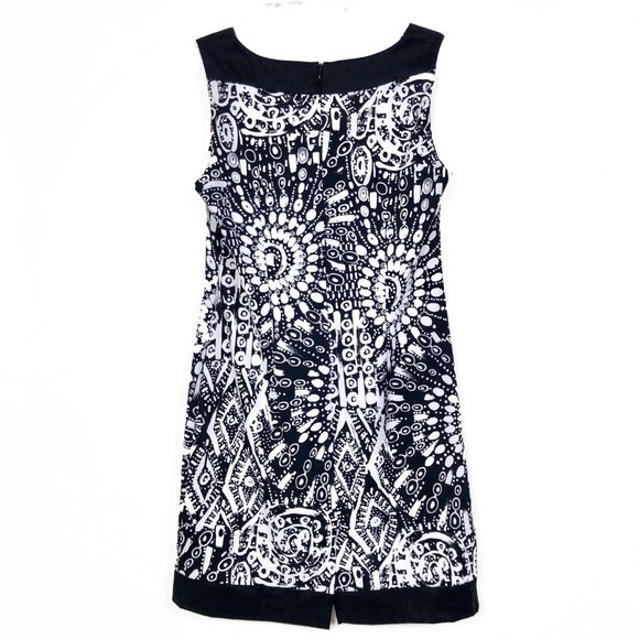 Square Neck Black & White Graphic Pattern Dress wt Red Accent - Picture 2 of 4
